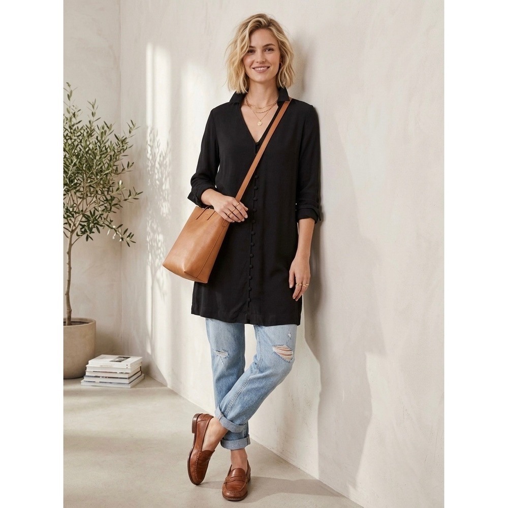 Madewell Black Button-Front V-Neck Long Sleeve Viscose Mini Dress Size L